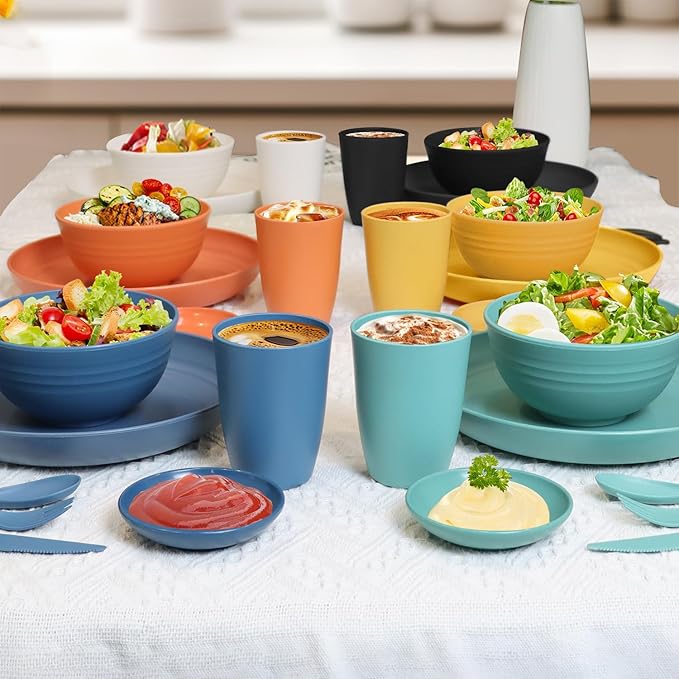 Wrova Wheat straw plates and bowls sets with cutlery - Unbreakable wheat straw dinnerware sets of 28 - Microwave safe platesbowlscups for campingkitchennew apartment.Colorful