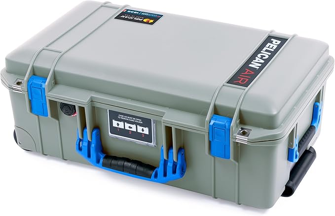 Pelican Air 1535 Carry-On Sage Green - Medium Size Waterproof Case with TrekPak Kit &amp Combo Lid Organizer - Blue Handles &amp Latches