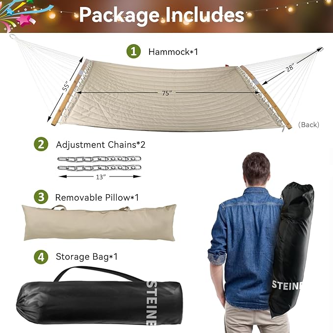 Double Hammock 11 FT Quilted Fabric 2 Person Hammock for Outside with Pillow Folding Curved Spreader Bar Chains Carrying Bag Indoor Outdoor 450 IB Capacity GreenLeaves