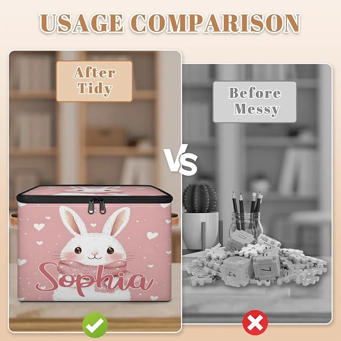 Custom Storage Basket with Name Personalized Storage Bins with Zipper Lid Foldable Fabric Storage Box Large capacity with Handle Scarf Bunny