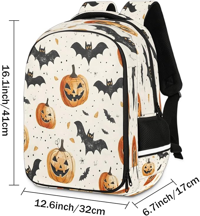 QsirBC Pumpkin Lights Bat Point Leaf Multi Compartment Backpack with Reflective Strips Adjustable Padded Straps Large Capacity Waterproof Duffel Bag for Men Women Work and Daily Use