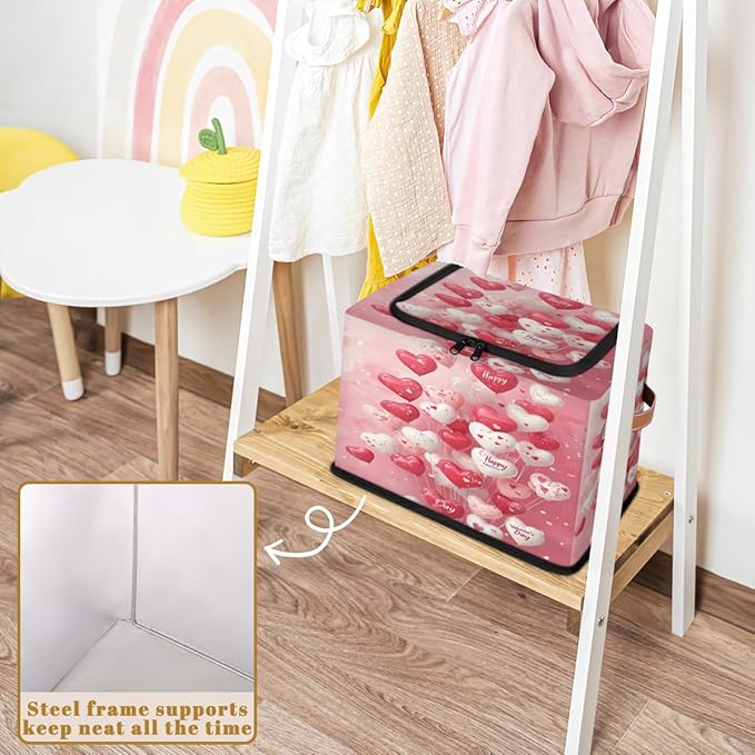 Valentine¡¯s Day Storage Bins with Zipper Lid Love Heart Balloons Fabric Lidded Storage Baskets Cubes with Handles Decorative Foldable Shelf Closet Organizer Container