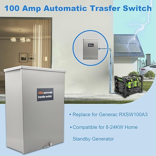 100 Amp Automatic Transfer Switch Single Phase Generator Transfer Switch Power Management Replacement for Generac RXSW100A3 NEMA 3R Outdoor Rated Aluminum Enclosure for Indoor and Outdoor Use