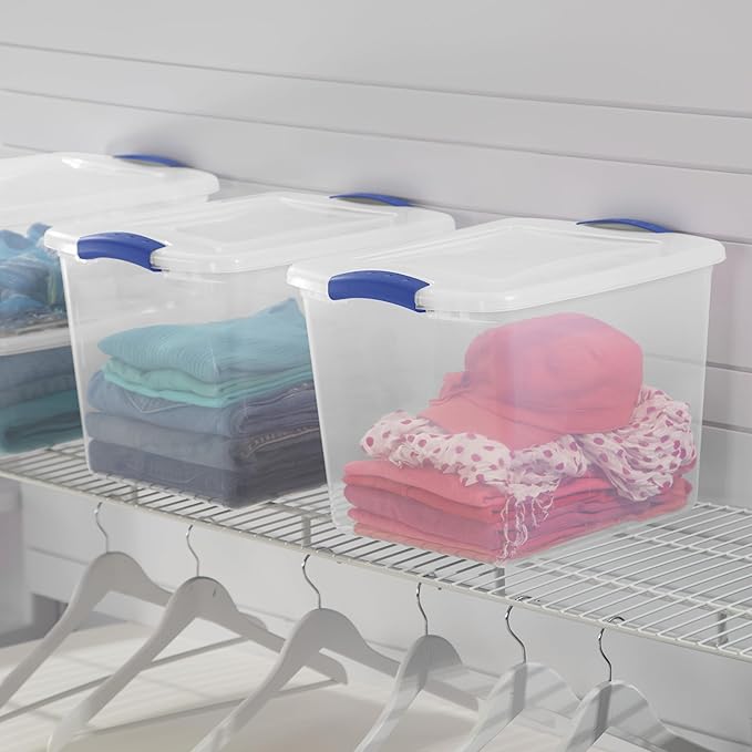 (4 pack) 27 Quart Clear Latching Storage Bin with Lid Stackable Plastic Container for Shelves Closet &amp Craft Storage