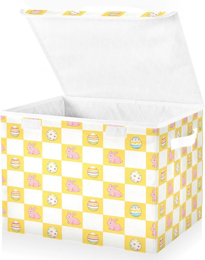 Storage Bins With Lid Stackable Fabric Closet Organizer Clothing Storage Large Boxes For Closet Shelves Bedroom Checkered Yellow Easter Bunny Eggs