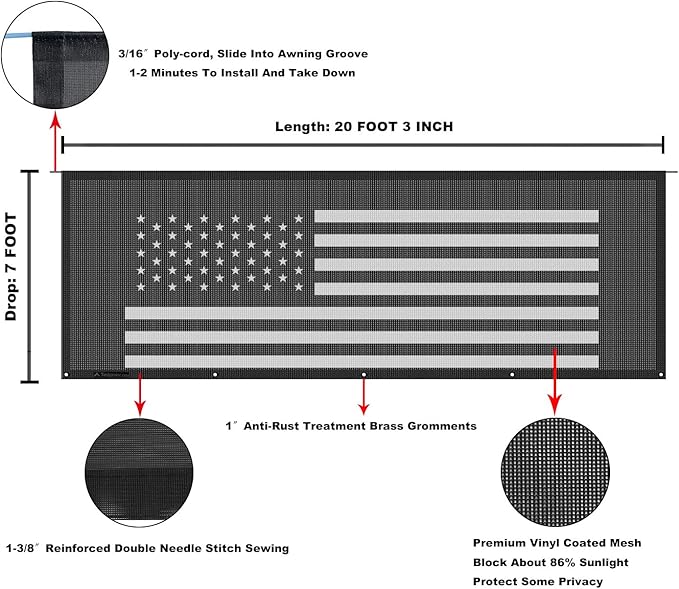 Tentproinc RV Awning Sun Shade Screen 7' X 20' 3'' (American Flag) Black Mesh Sunshade Camper Trailer Awning Shade Screen UV Blocker Completed Kits