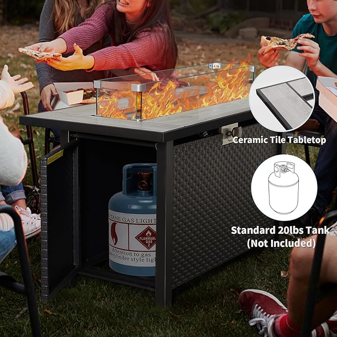 Outdoor Propane Fire Pit 45 Inch Patio Firepit Table with Fire Glass and Wind Guard for Outside Parties and Gatherings on Garden Backyard Porch