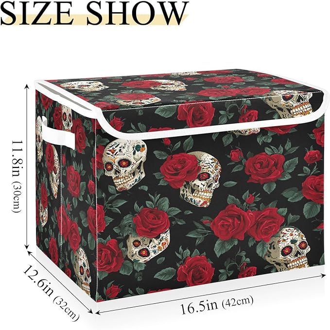 Storage Bins With Lid Stackable Fabric Closet Organizer Clothing Storage Large Boxes For Closet Shelves Bedroom Black Skulls Roses Elegant Edgy