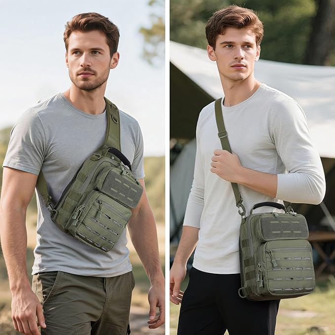 HUNTVP Sling Bag for Men Concealed Carry Bag Tactical Sling Bag Crossbody Molle CCW Chest Pack Backpack EDC Military Shoulder Bag with Holster &amp Accessory Slots Army Green
