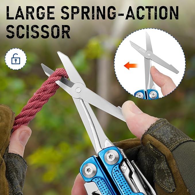 BIBURY Multitool Pliers BI2049BL with Blue Titanium Handle EDC Multi Tool with Replaceable Wire Cutter Full-Size Scissors and Screwdirver Set Heavy Duty Hand Tool for DIY Repair Camping Survival