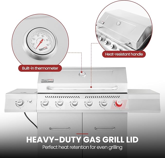 Royal Gourmet GA6402S 6-Burner Propane Gas Grill with Side Burner and Warming Rack 74000 BTUs Cabinet Style Outdoor BBQ Grill for Barbecue Grilling &amp Backyard Cooking Silver