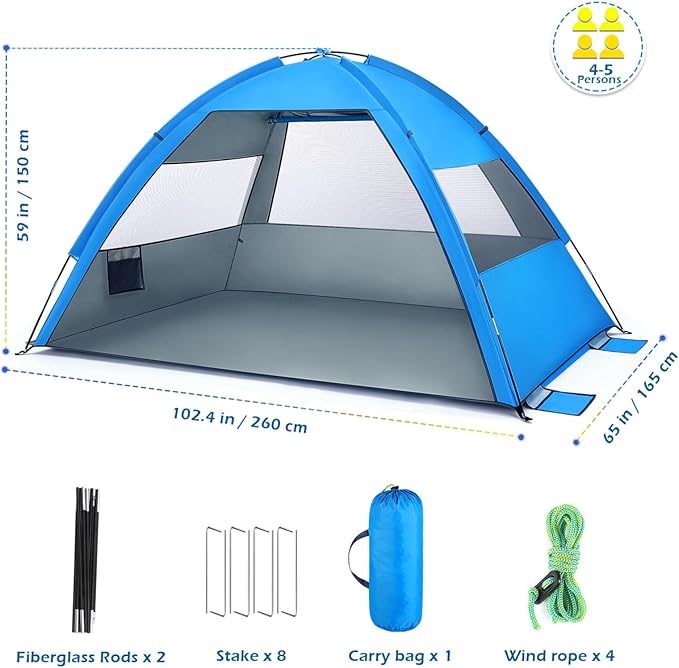 CALLARON Folding Beach Tent Large Sun Shelter UPF 50+ Pop Up Beach Tent Portable Family Tents Quick Open Canopy for 2-4 People Camping Travel