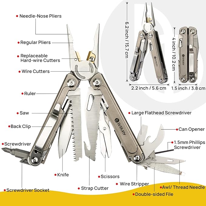 BIBURY 24-in-1 Titanium Multitool Pliers 8.7oz Ultra-Light EDC Pocket Tool with Sheath &amp Belt Clip Aerospace-Grade Titanium Handle for Camping Hiking DIY Gift for Men - 2048DT