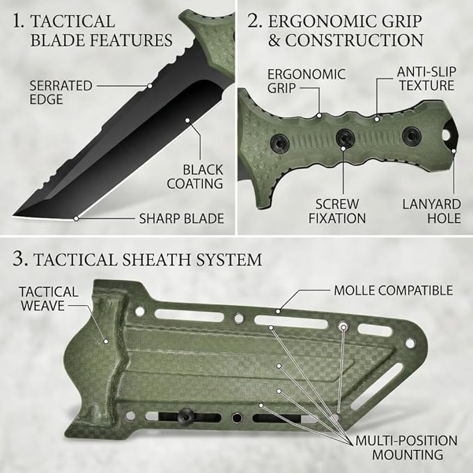 10.5 Fixed Blade Survival Knife with Protective ABS Sheath - High Hardness Stainless Steel Outdoor Knife - Ergonomic Non-Slip ABS Handle - Professional Utility Tool for Camping Hiking and Fishing