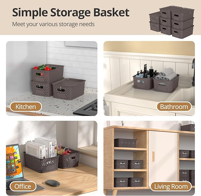 Plastic Storage Bins with Lid Stackable Small Box Basket for Organizing and Containers for Shelves Drawers Desktop Closet Playroom Pantry Classroom Office Home 8-pack 10.2x7.2x4.1 Inch Brown