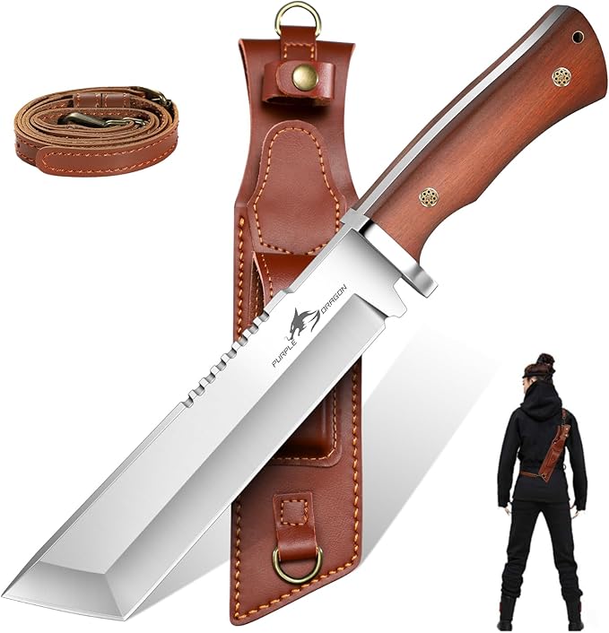 Purple Dragon Japanese Tanto Knife - Fixed Blade Knives with Back-Carry Sheath - Full Tang Knife with Wooden Handle for Camping Outdoor - Christmas Gift for Men and Women