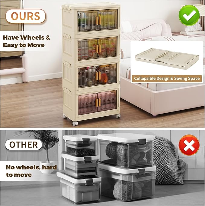 4 Tier Stackable Plastic Storage Bins with Lids 48QT Collapsible Closet Organizers and Storage with Wheels for Living RoomOfficeDorm