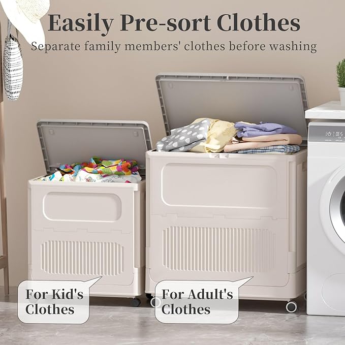 HAIXIN Flip-top Storage Bin with Lid - 60 QT Plastic Storage Box with Wheels 14.8 Gal Stackable Closet Organizer for Clothes Blanket Movable Storage Organization for Laundry Cream White