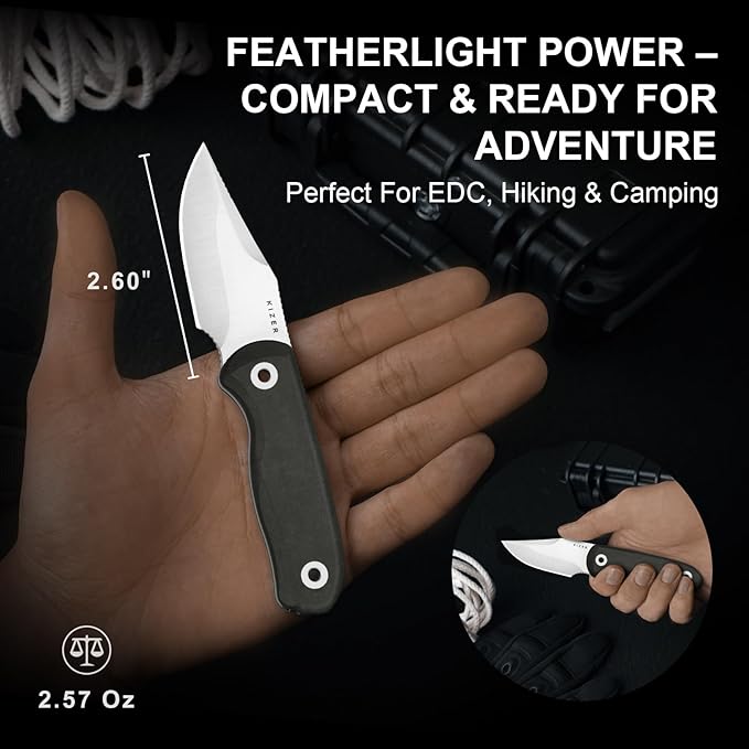 Kizer Drop Bear Fixed Blade Knife 2.6 S45VN Satin Blade EDC Hunting Knife with Black Richlite® Handle &amp Built-in Tools Outdoor Small Camping Survival Knives with Adjustable Kydex Sheath 1092A3