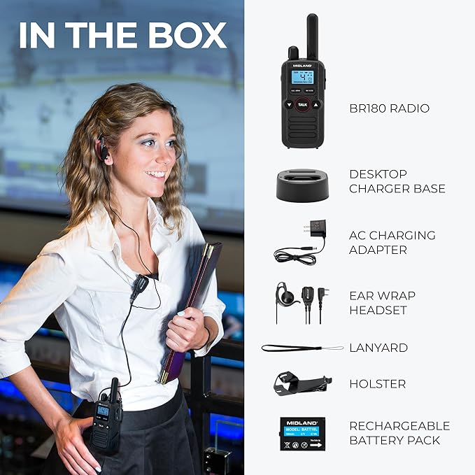 Midland BR180 BizTalk - UHF Business Two-Way Radio - 1W 56 Channels Headset Desktop Charger Rechargeable Battery - for Warehouse &amp Hospitality (1-Pack)