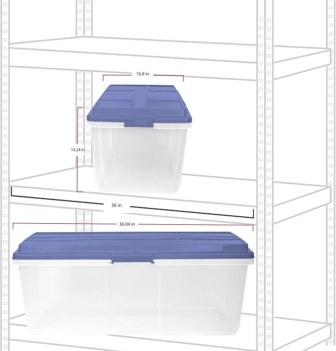 2 Pack 113 Quart Clear Plastic Storage Bins Stackable with Locking Latches &amp Smoke Blue Lid Dust-Resistant Organizer for Garage Home Office Attic Store Seasonal Decor Tools Crafts Blanket