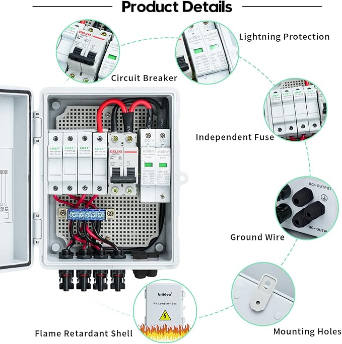 Solar Combiner Box Briidea 4-String PV Combiner Box with 10A Circuit Breakers &amp Lightning Arrester IP65 Waterproof for On-Grid &amp Off-Grid Solar Panel Systems