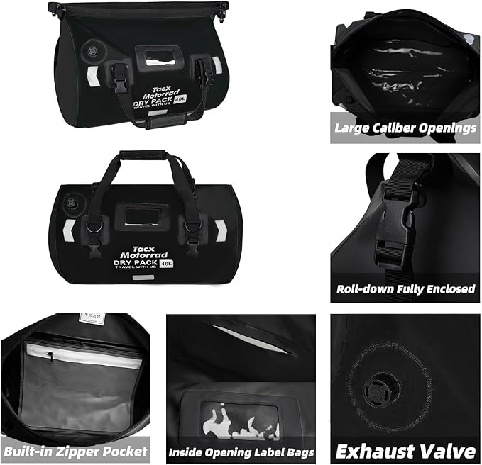 Waterproof Duffel Bag for Men/Women Roll-top Dry Backpack Duffel Bag with Quick-fixed Straps Motorcycle Tail Saddle Bag for Motorcycling Rafting Boating Kayaking Travel 66L-Black