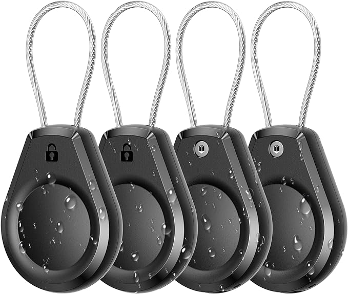 Waterproof AirTag Keychain Holder - (4 Pack) Air tag Lock Case with Wire Cable Compatible with Apple AirTags Ultra Durable Anti-Lost Protective Case with Keyring for Luggage Key Backpack Black