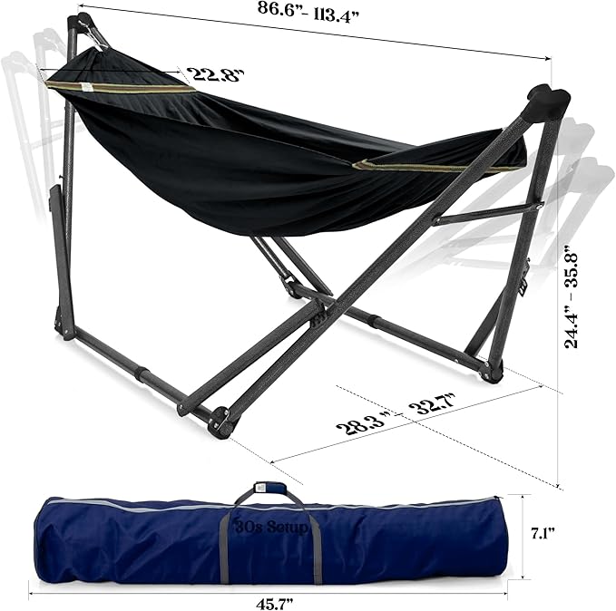 Tranquillo Uniki Hammock with Stand for Outside Portable Hammock 550lbs Capacity Deluxe Double Hammock Stand Collapsible Camping Hammock and Stand Black