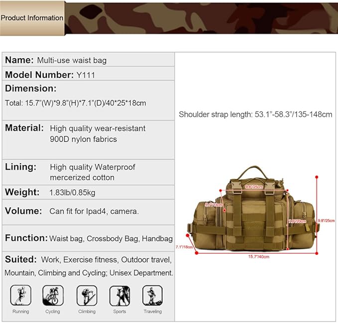 Huntvp Tactical Assault Gear Sling Pack Hiking Waist Fanny Pack Bag Shoulder Backpack EDC Camera Bag MOLLE Utility Carry Bag Heavy Duty with Shoulder Strap