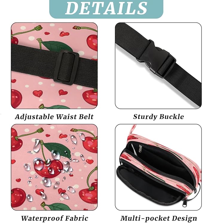 Polka Dot Heart Cherry Waterproof Fanny Pack for Women Men Adjustable Waist Bag with Double Zipper Pockets Lightweight Square Hip Pack for Running Travel Hiking Workout Cycling