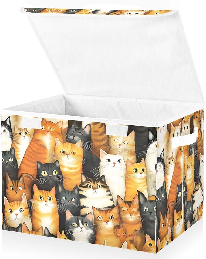 Storage Cube with Lid Cat Together Print 16.5×12.6×11.8 IN Collapsible Large Capacity Foldable Storage Basket Bin Organizer