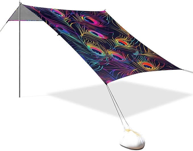 ALAZA Peacock Feather Bright Multicolored Beach Tent Sun Shelter Portable Canopy Sunshade for Outdoor Camping Picnics Backyard Fun 10x9 ft