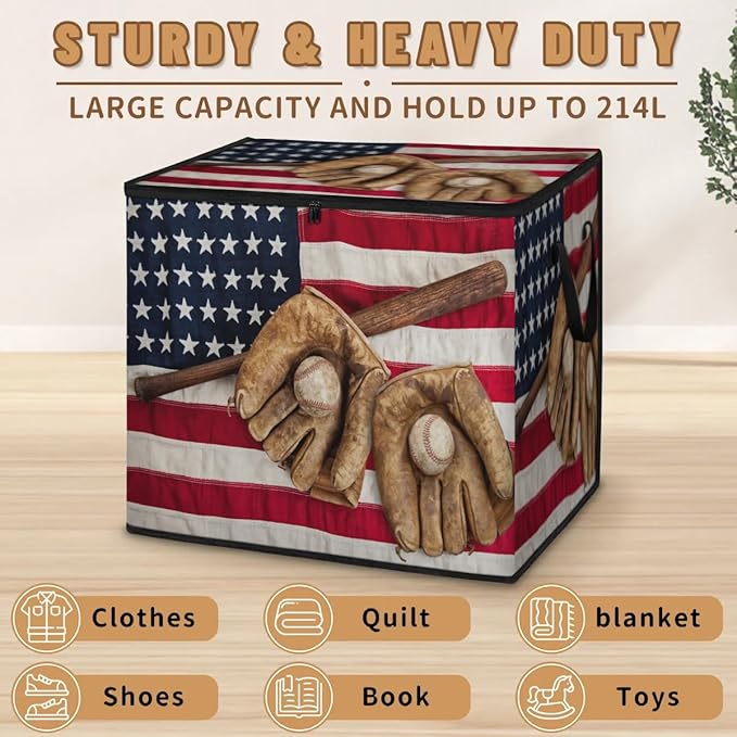 Large American Flag Storage Bags with Lid XL Blanket Clothes Storage Bins Foldable Organizers Storage Containers with Handle for Comforters Bed Sheets Pillows 4th of July Baseball