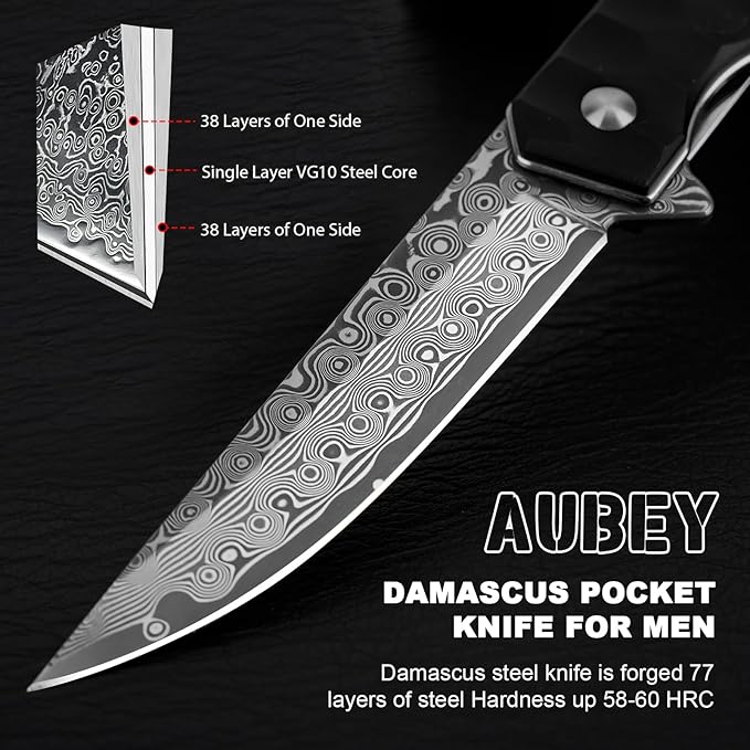 AUBEY Damascus Pocket Knife with Clip Tanto Blade Damascus Steel Folding Knives for Men Tactical Aluminum Handle with Glass Breaker for EDC Camping