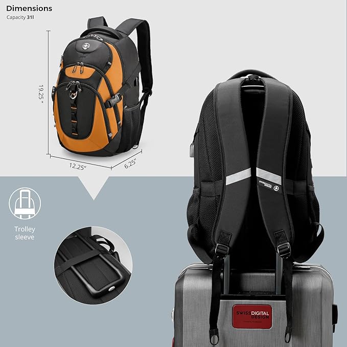 Swissdigital Design Laptop Backpack with USB Charging Port Travel Backpack Fits 15.6 inches Computer 31L College School Backpack for Men Orange/Black | SD803-66