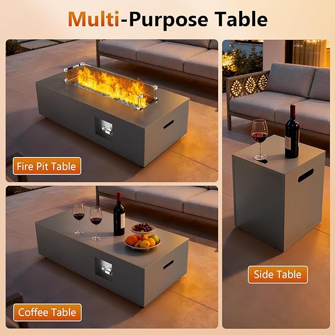 2-Piece 42 Rectangular Propane Fire Pit for Outside Patio with Hidden Tank Table 50000 BTU Fireplaces with Glass Wind Guard Lid Glass Rocks Cover(Sand Beige)