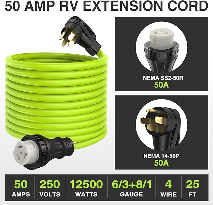 Nilight 25FT 50 Amp RV Locking Extension Cord 250V Heavy Duty 6/3+8/1 Gauge Pure Copper STW Wire UL ETL Listed 4 Prong 14-50P SS2-50R Weatherproof Suit for Camper Caravan Trailer Bright Green