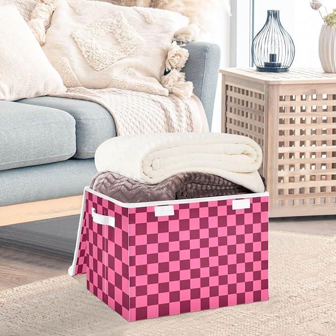 Collapsible Storage Bins with Lids Decorative Fabric Storage Cubes Closet Organizer and Storage Basket Boxes Containers for Clothes Box Chest Folding Rectangle Checkered Hot Pink
