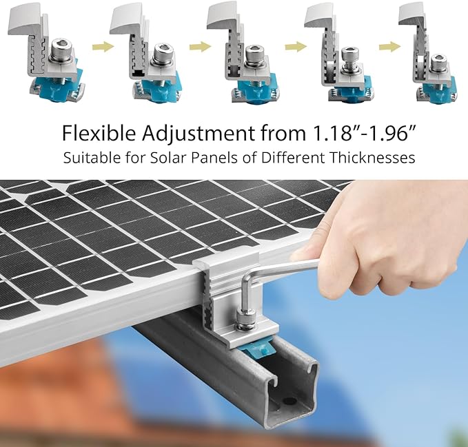 Anbte 10pcs Adjustable Solar Panel End Clamp for Unistrut 30-50mm Aluminum Solar Panel Mounting Brackets with Nuts Bolts and Wrench for Metal Roof Tin Roof Flat Roof Sheet Roof RV Silver