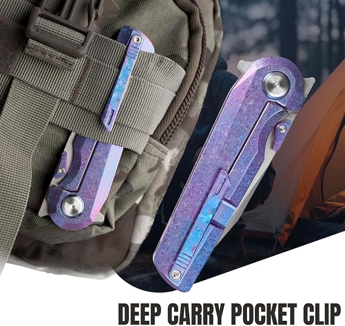 ioko Pocket Folding Knife with Titanium Alloy Handle S35VN Steel Blade Ice Crystal Anodized Finish 2.9 Inch Blade EDC Camping Hiking Outdoor (blue-purple)