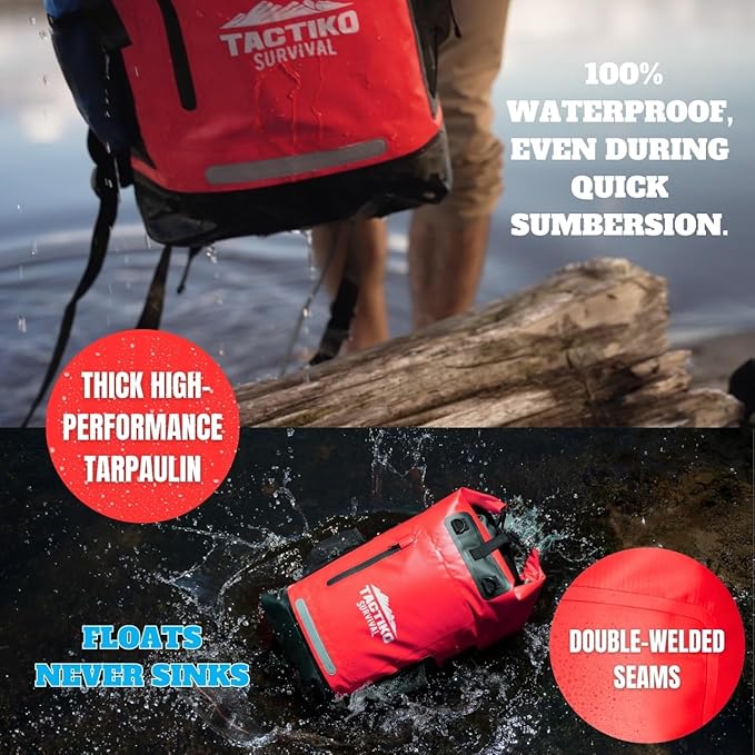 TACTIKO 30L Heavy-Duty 100% Waterproof Backpack Roll Top Dry Bags for Kayaking Hiking Camping Survival