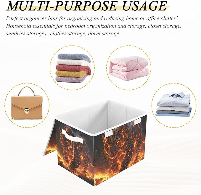 AIXIWAWA Lidded Storage Cube (Leopard with Flame) Fabric Foldable Closet Bins with Flip Lid and Handles Organizer Basket Container 16.5 x 12.6 x 11.8 IN