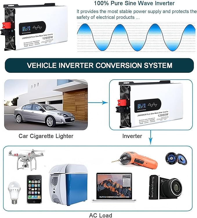 6000W/8000W/10000W/12000W Hybrid Solar Inverter DC 12V/24V/48V/60V/72V/96V to 110V-120V AC Split Phase Inverter with Pure Sine Wave Parallel Inverters for Home Energy Storage24V-12000W