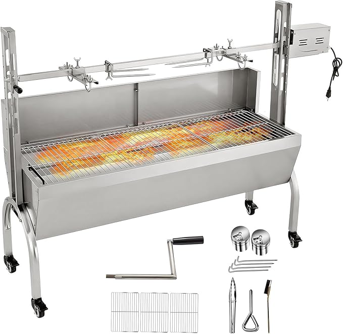 176LBS Rotisserie Grill with Hooded Cover 25W Motor BBQ Lamb Pig Roaster 47 Stainless Steel Charcoal Grill for Camping Outdoor Barbecue