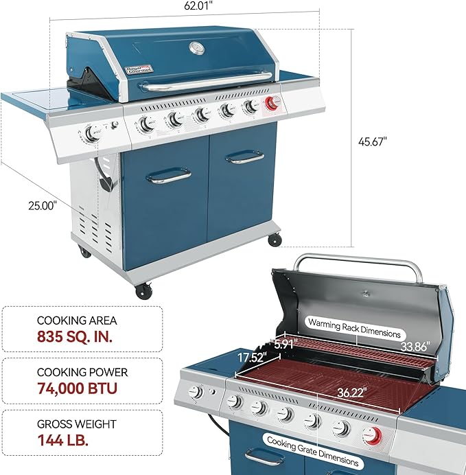 Royal Gourmet GA6402B 6 Burner Propane Gas Grill with Side Burner and Warming Rack 74000 BTUs Cabinet Style Gas BBQ Grill for Barbecue Grilling &amp Backyard Cooking Blue