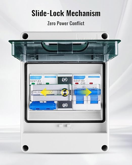 32A Dual Power Manual Transfer Switch Waterproof and Dustproof Distribution Box 2P Circuit Breaker and Slide Interlock Residential Industrial Generator Power Switching V-0 Flame-Retardant Case