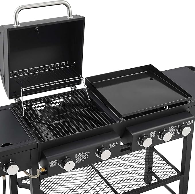 5 Burners Propane Gas Grill and Griddle Combo with Side Burner 3 in 1 Griddle Grill and Porcelain-Enameled Cast Iron Grates 56000 BTU Outdoor Cooking Barbecue Grill Black
