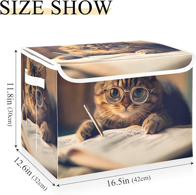 AIXIWAWA Lidded Storage Cube (Cat Reading) Fabric Foldable Closet Bins with Flip Lid and Handles Organizer Basket Container 16.5 x 12.6 x 11.8 IN