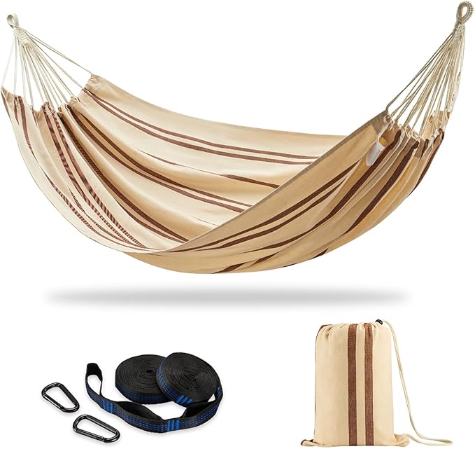 CHULIM Brazilian Double Hammock with Tree StrapsExtra Large 94x63IN2 Persons Hammock for Backyard Patio Outdoor and Indoor450lbs Weight CapacitySoft Woven Cotton Fabric - Beige Brown Stripe